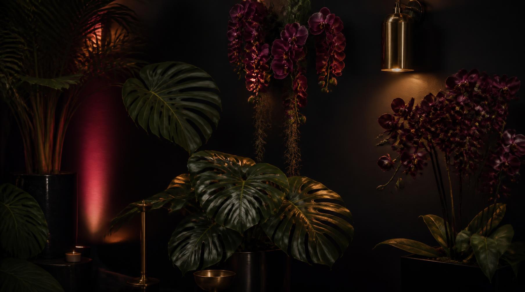 Moody botanical backdrop with dark tropical plants and soft burgundy uplighting