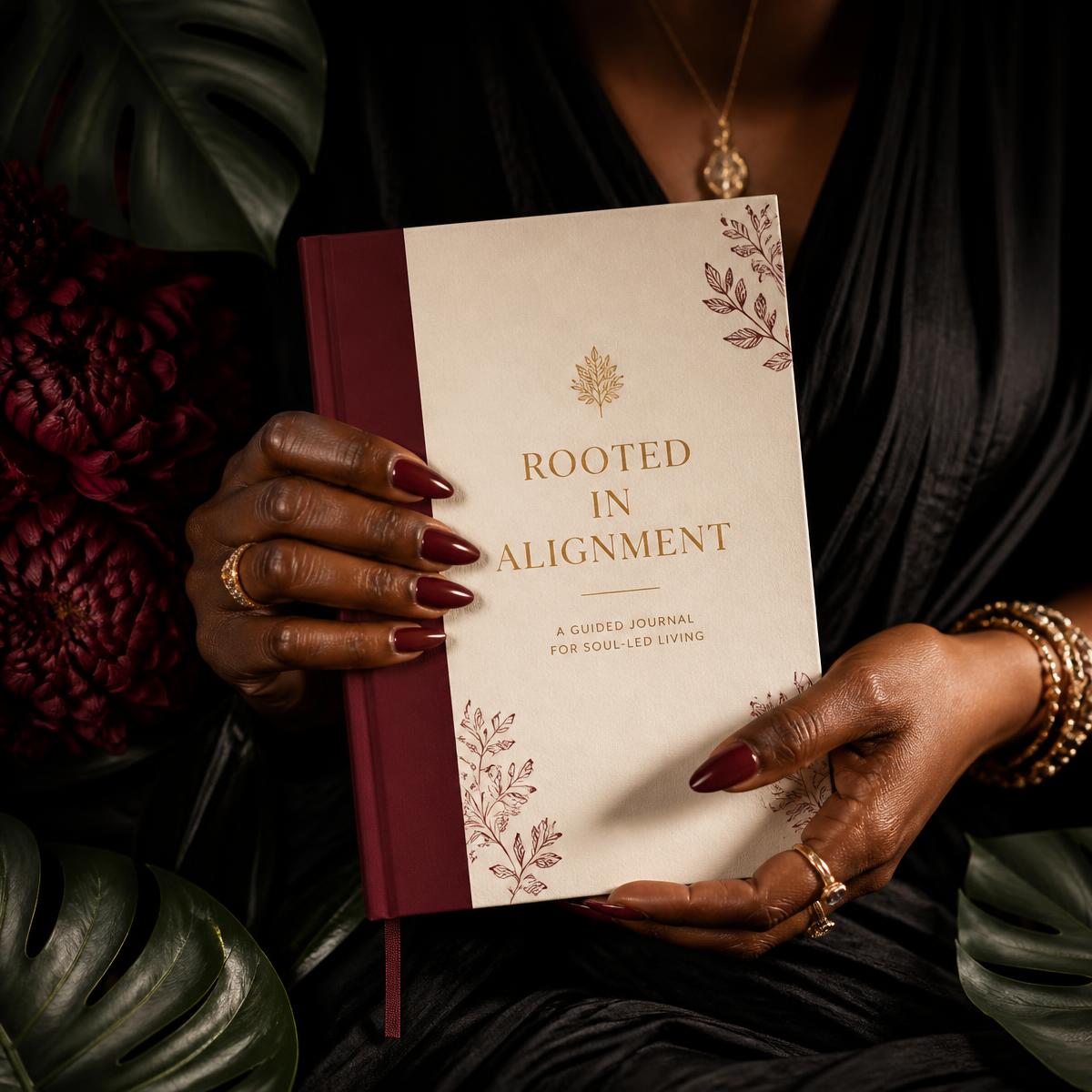 Hands holding a cream and burgundy journal surrounded by tropical florals and greenery