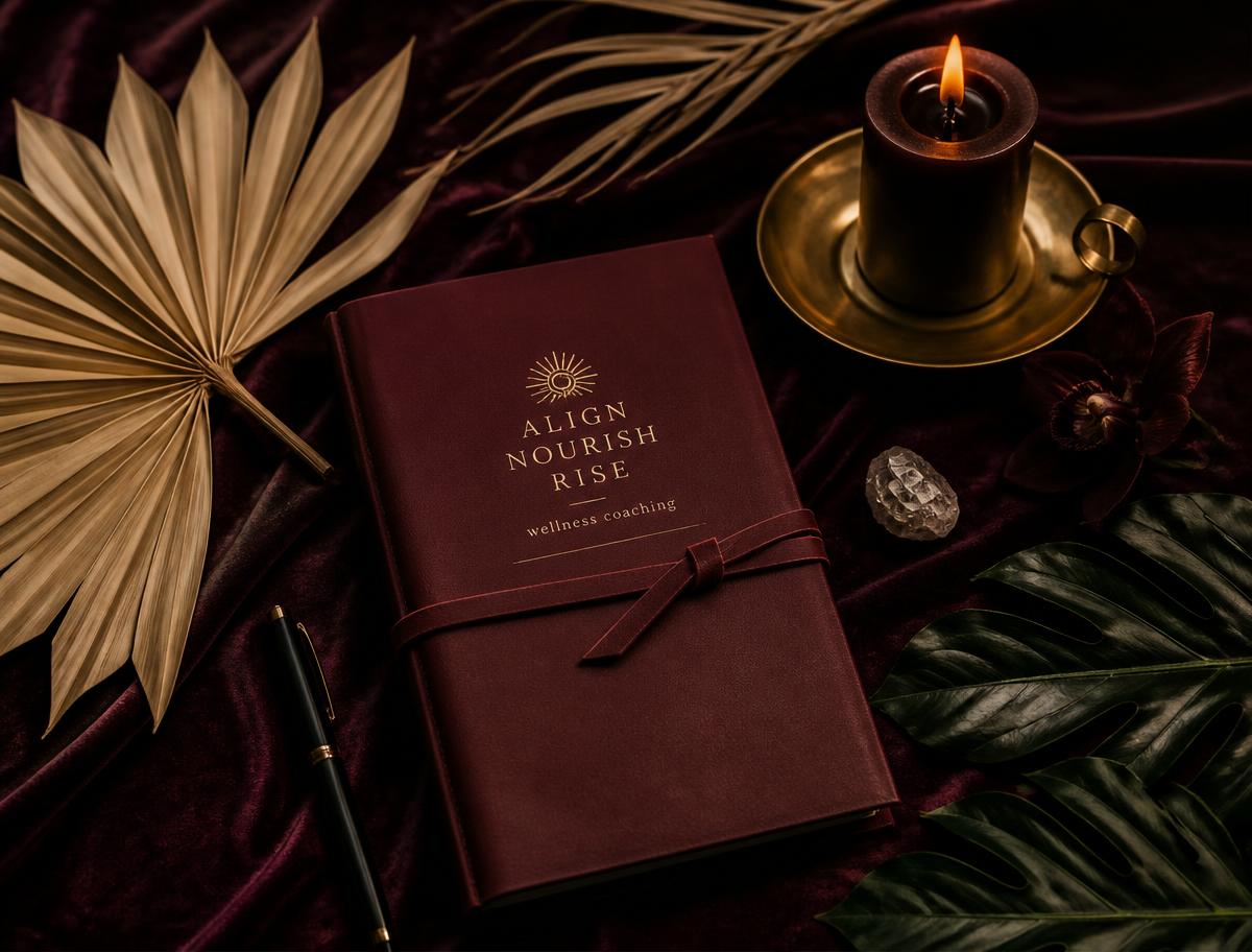 Luxury flat-lay with a burgundy journal and tropical greenery