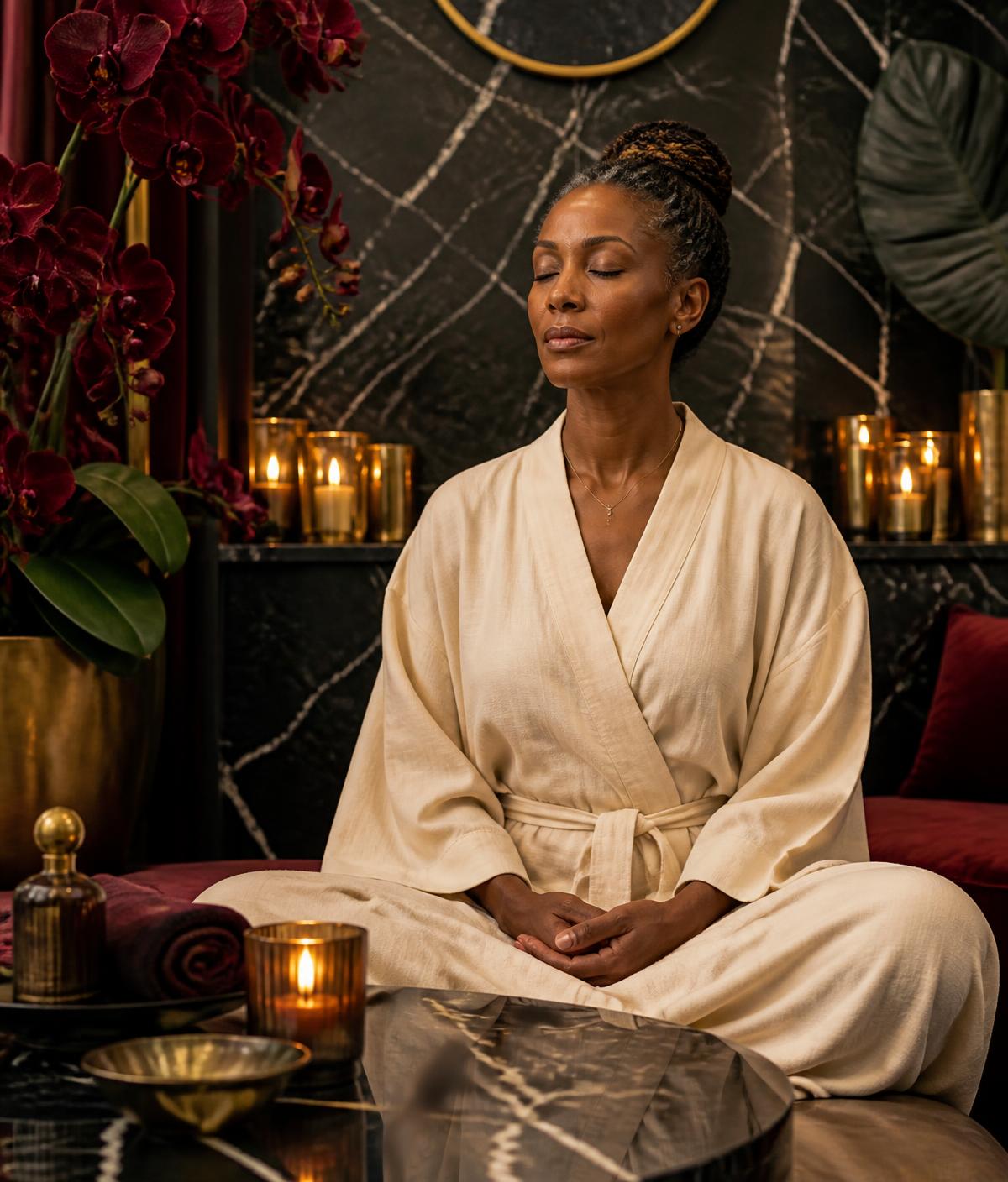 Black woman meditating peacefully in a luxury spa surrounded by burgundy orchids and dark tropical plants